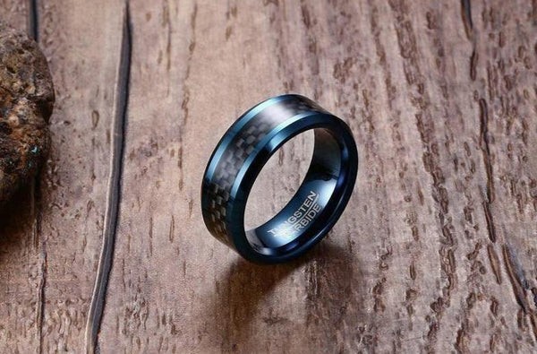 8mm Blue Carbon Fiber Tungsten Mens Ring