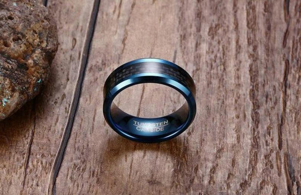 8mm Blue Carbon Fiber Tungsten Mens Ring