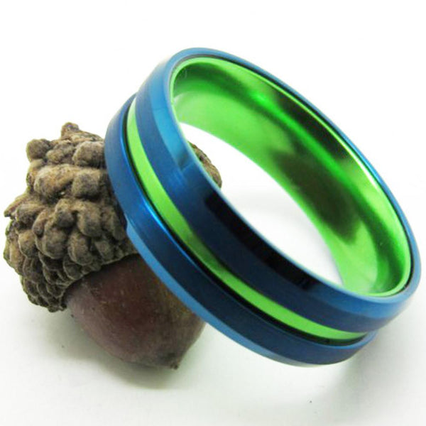 Blue & Green Groove Tungsten Mens Ring