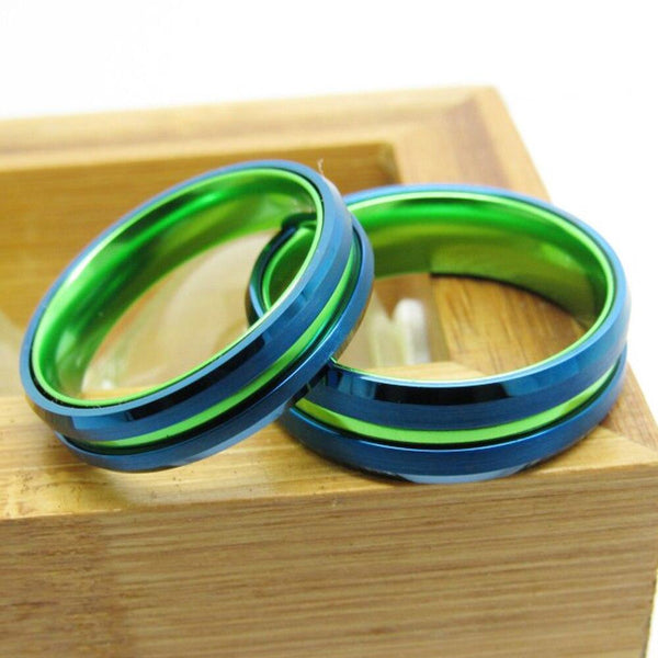 Blue & Green Groove Tungsten Mens Ring