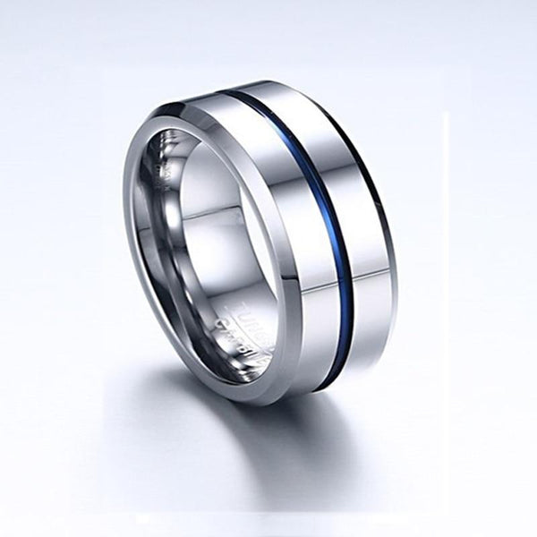 Rings for him - silver and blue Tungsten mens ring