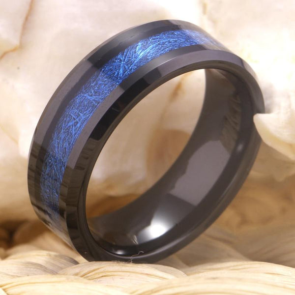 Blue Meteorite Inlay Black Tungsten Mens Ring