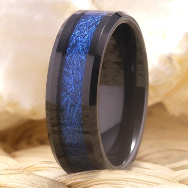 Blue Meteorite Inlay Black Tungsten Mens Ring
