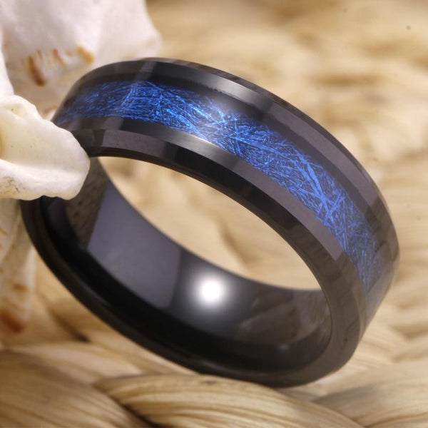 Blue Meteorite Inlay Black Tungsten Mens Ring