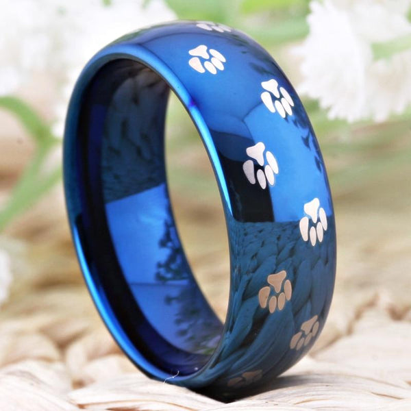 8mm Paw Prints Blue Tungsten Unisex Rings