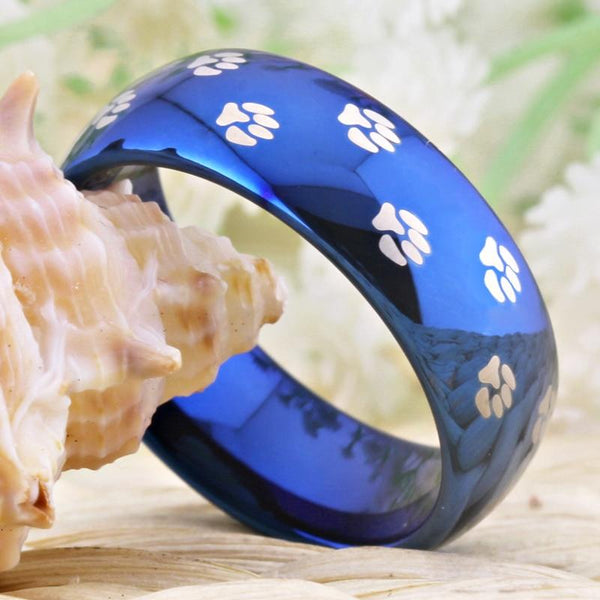 Paw Prints Blue Tungsten Unisex Rings