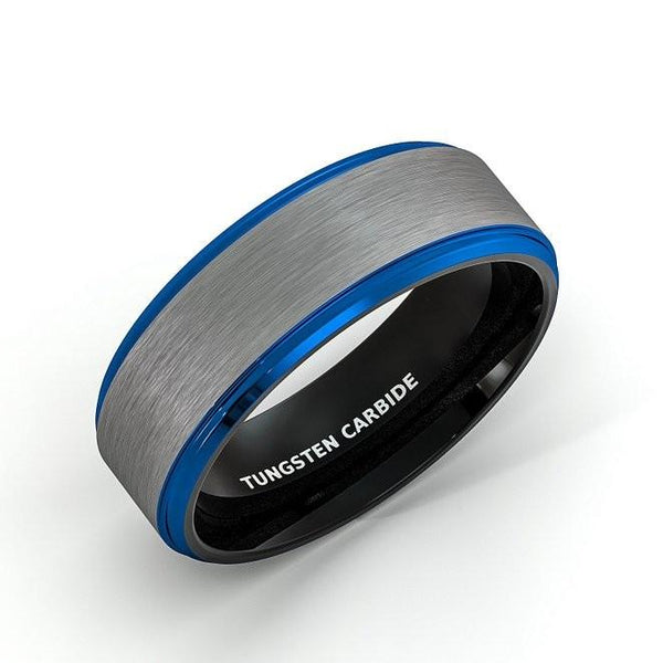 rings for him - blue and silver matte mens ring