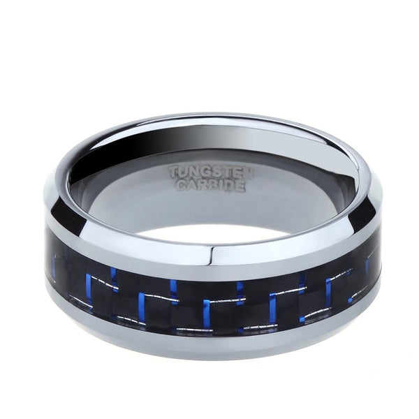 Personalized blue and silver Tungsten mens ring