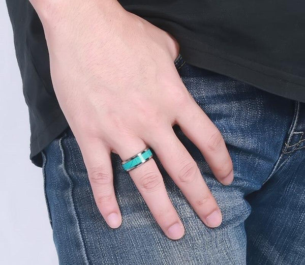 turquoise rings - blue turquoise silver Tungsten mens ring