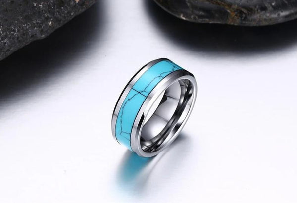 turquoise rings - blue turquoise silver Tungsten mens ring