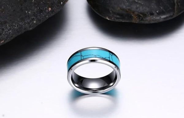 turquoise rings - blue turquoise silver Tungsten mens ring