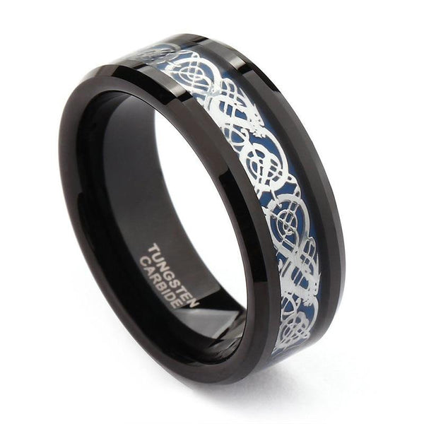 Celtic dragon silver and blue black Tungsten mens ring