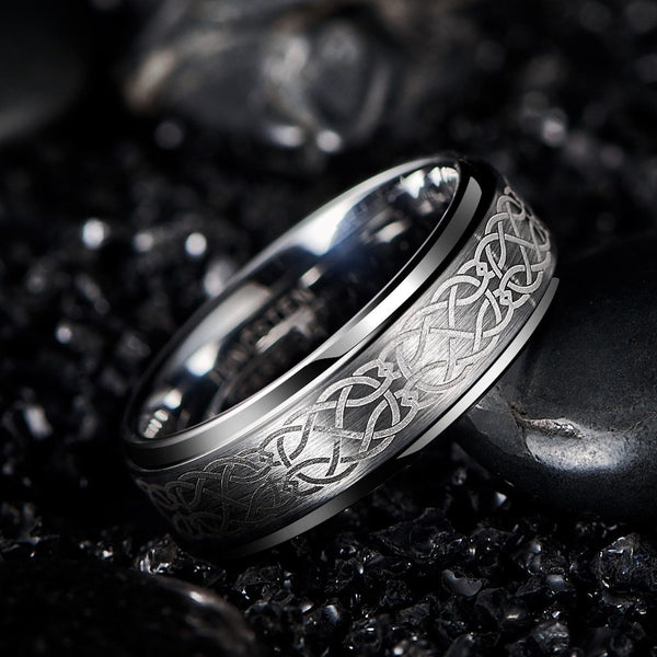 Celtic Mens Ring - 8mm Celtic Knot Silver Tungsten Men's Wedding Band