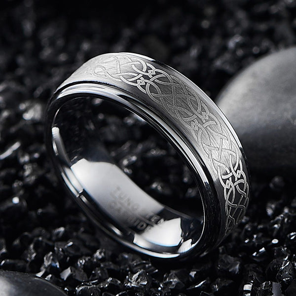 Celtic Mens Ring - 8mm Celtic Knot Silver Tungsten Men's Wedding Band