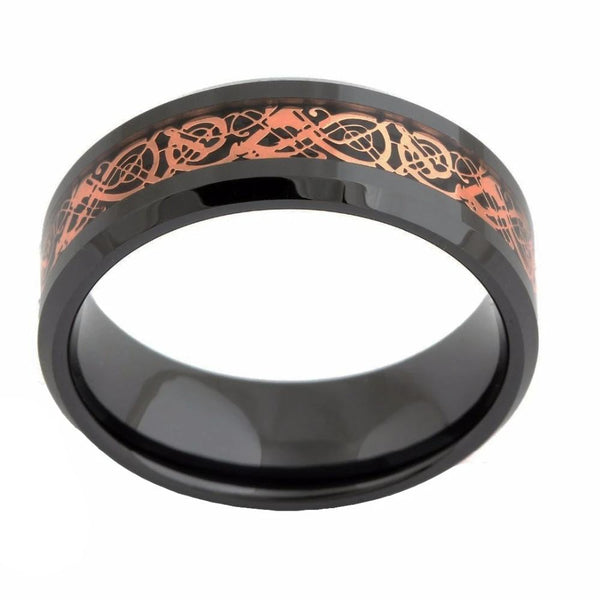 Celtic golden dragon black ceramic mens ring