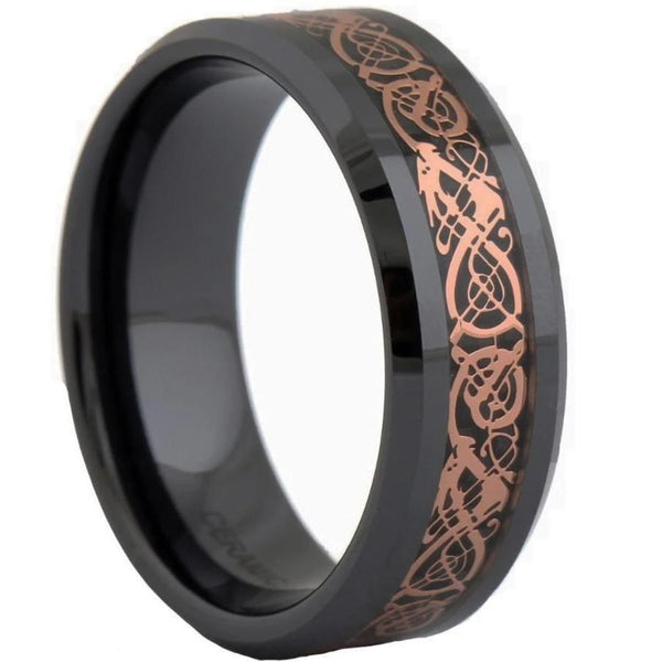 Celtic golden dragon black ceramic mens ring