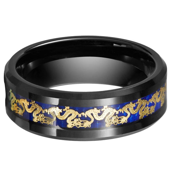 Gold Chinese dragon black mens ring