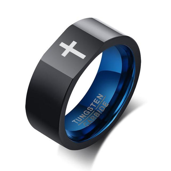 Catholic Christians rings - religious black and blue mens ring