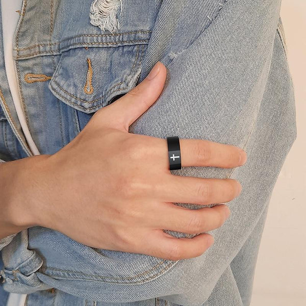 Catholic Christians rings - religious black and blue mens ring