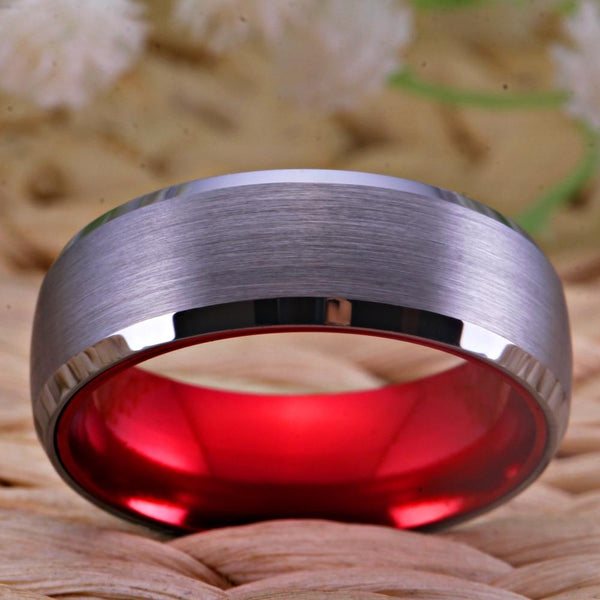 Romantic Red & Silver Brushed Mens Ring