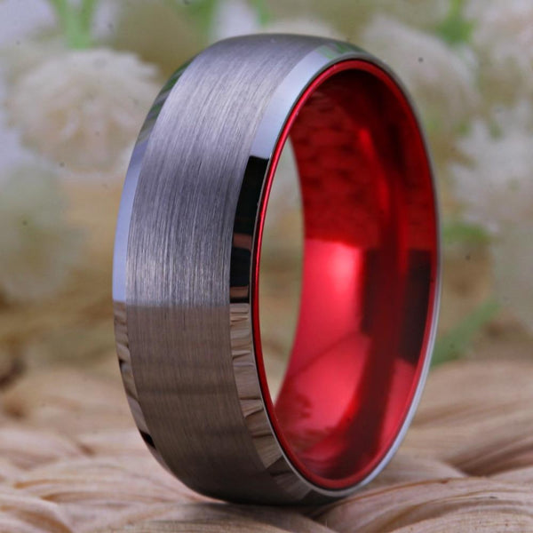 Romantic Red & Silver Brushed Mens Ring
