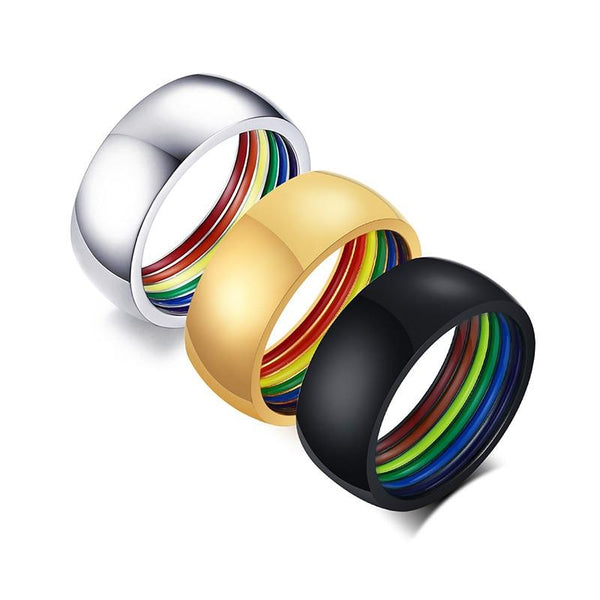 LGBT gay pride - rainbow black, gold and silver mens rings