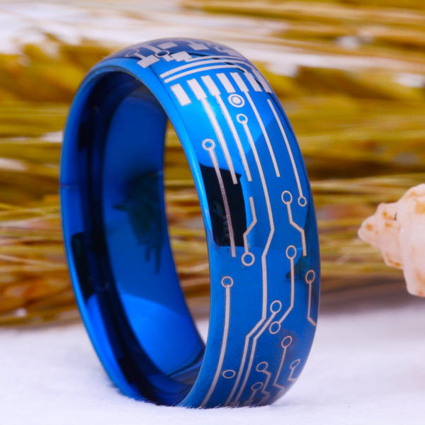 Computer Circuit Board Blue Gamer Mens Ring