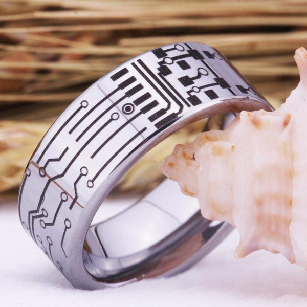 Computer Circuit Board Design Silver Gamer Mens Ring