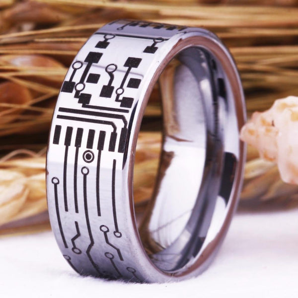 Computer Circuit Board Design Silver Gamer Mens Ring