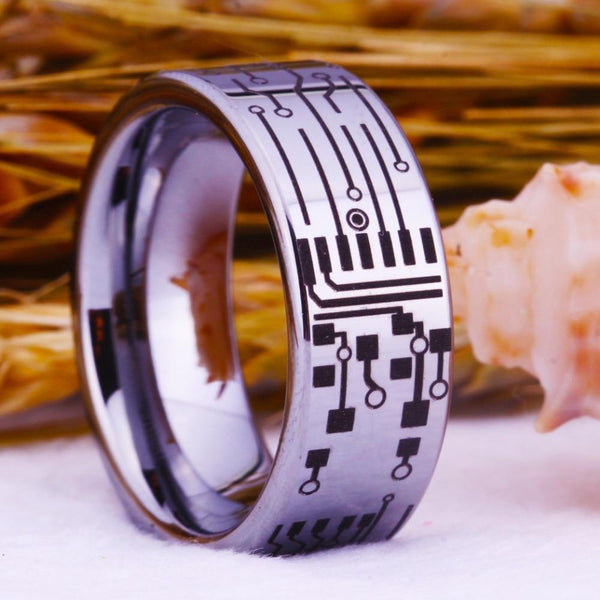 Computer Circuit Board Design Silver Gamer Mens Ring