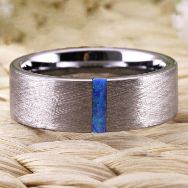 Blue Opal Silver Tungsten Mens Ring