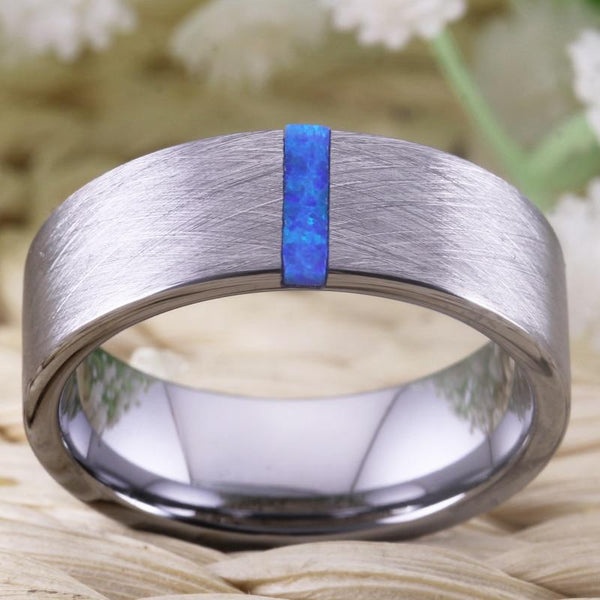 Blue Opal Silver Tungsten Mens Ring