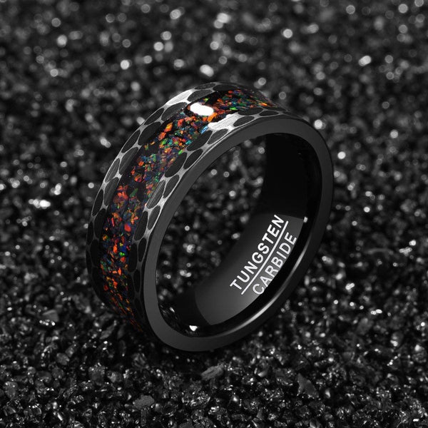 Unique Cool Opal & Black Tungsten Mens Ring