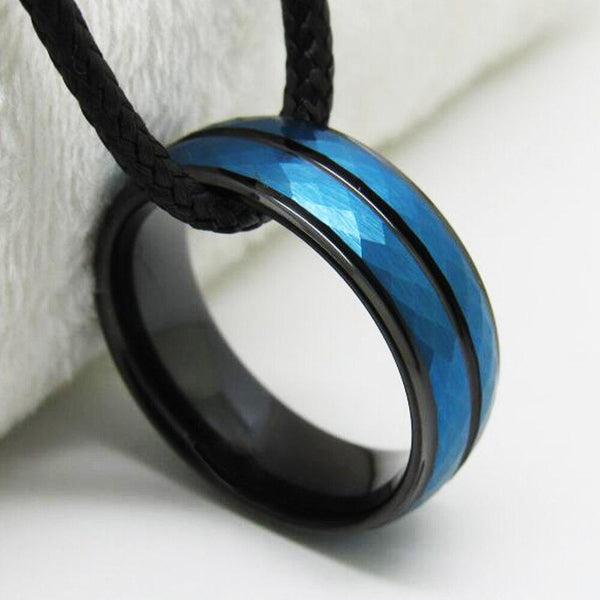 Hammered Blue & Black Tungsten Mens Ring