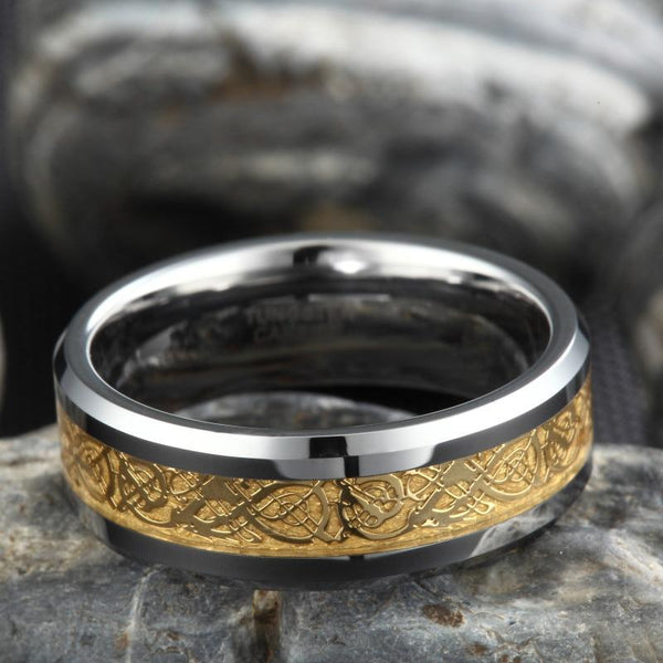 gold Celtic dragon and silver Tungsten mens ring