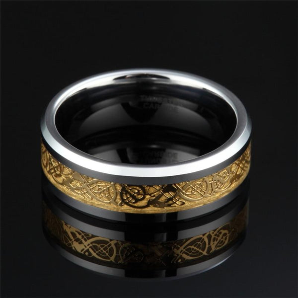 gold Celtic dragon and silver Tungsten mens ring