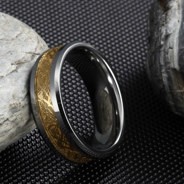 gold Celtic dragon and silver Tungsten mens ring