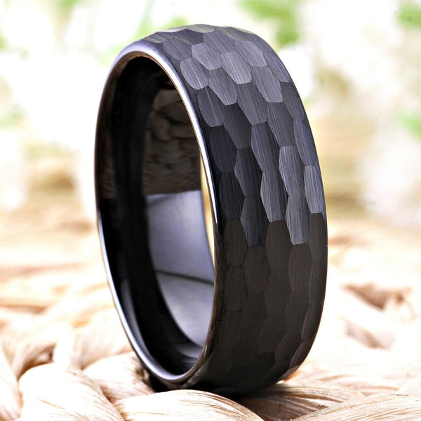 Hammered Black Tungsten Mens Ring