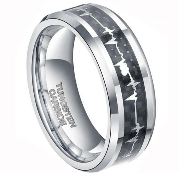 Heartbeat silver and black tungsten ring