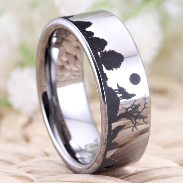 Howling Wolves Silver Tungsten Mens Ring