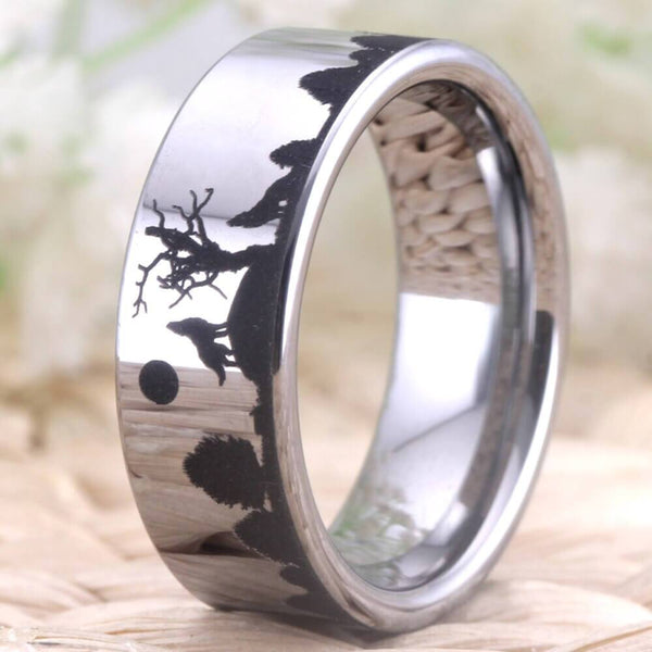 Howling Wolves Silver Tungsten Mens Ring