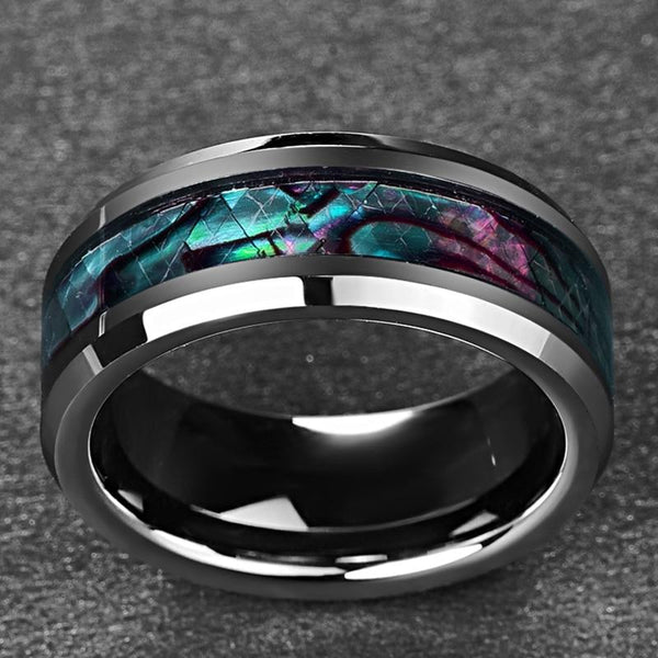Abalone Shell and Silver Tungsten Mens Ring