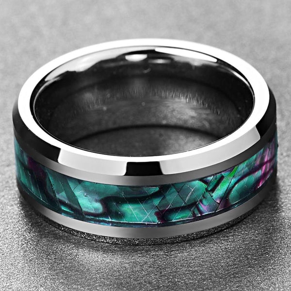 Abalone Shell and Silver Tungsten Mens Ring