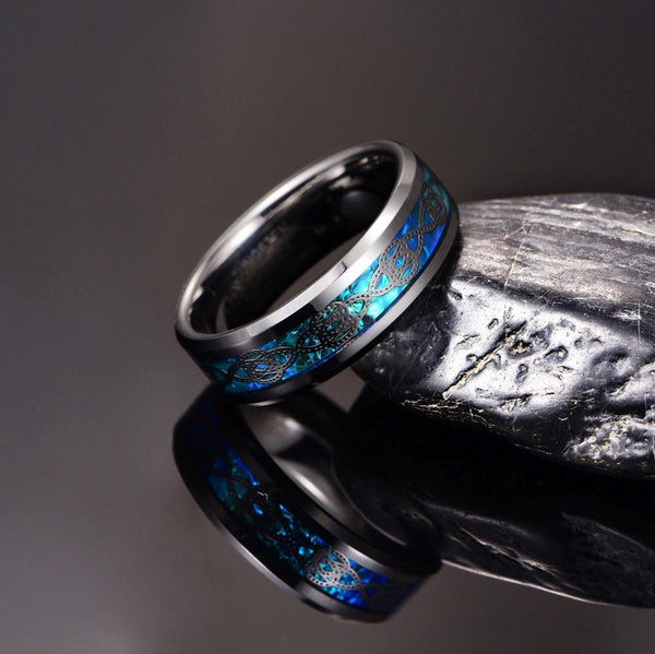 Blue Opal and Silver Tungsten Mens Ring