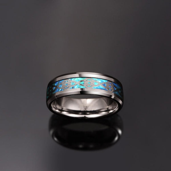 Blue Opal and Silver Tungsten Mens Ring