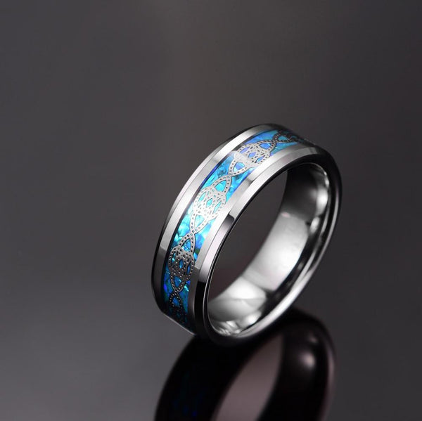 Blue Opal and Silver Tungsten Mens Ring