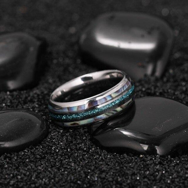 Abalone silver Tungsten mens ring with custom engraving