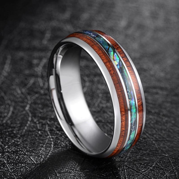 Wood silver tungsten mens ring