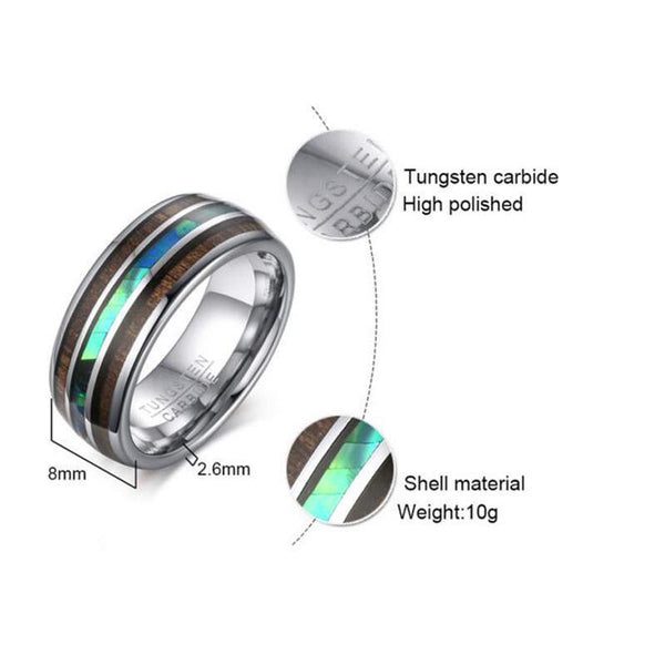 Wood and abalone shell silver tungsten mens ring