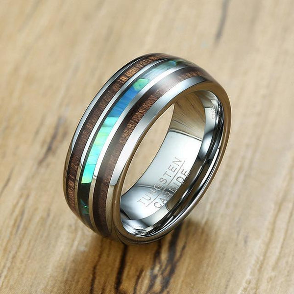 Wood and abalone shell silver tungsten mens ring